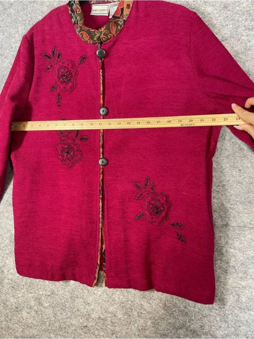 Vintage Napa Valley Embroidered Magenta Jacket Paisley Trim Large Boho Artsy